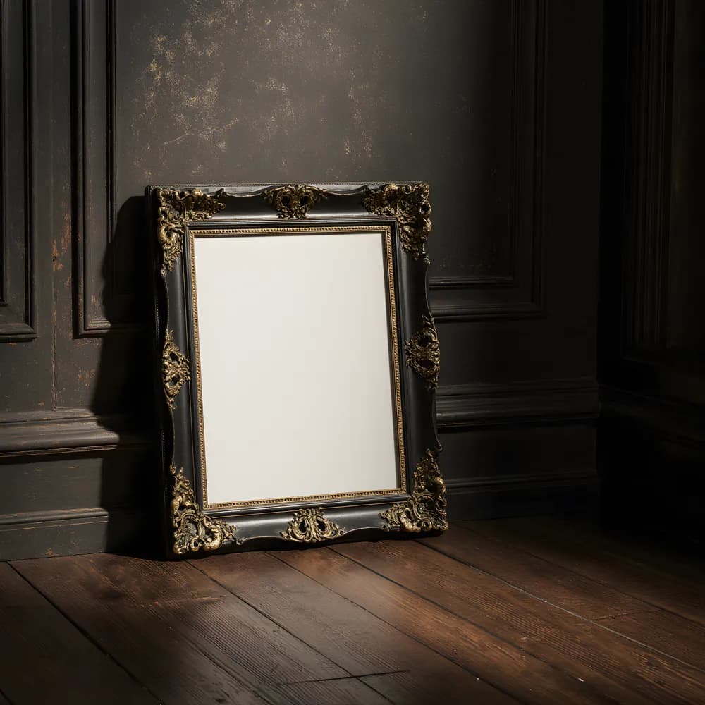 8x10 Black Baroque Frame Mockup | Gothic Wall Art PSD | Vintage Picture Frame | Dark Academia Art Mockup
