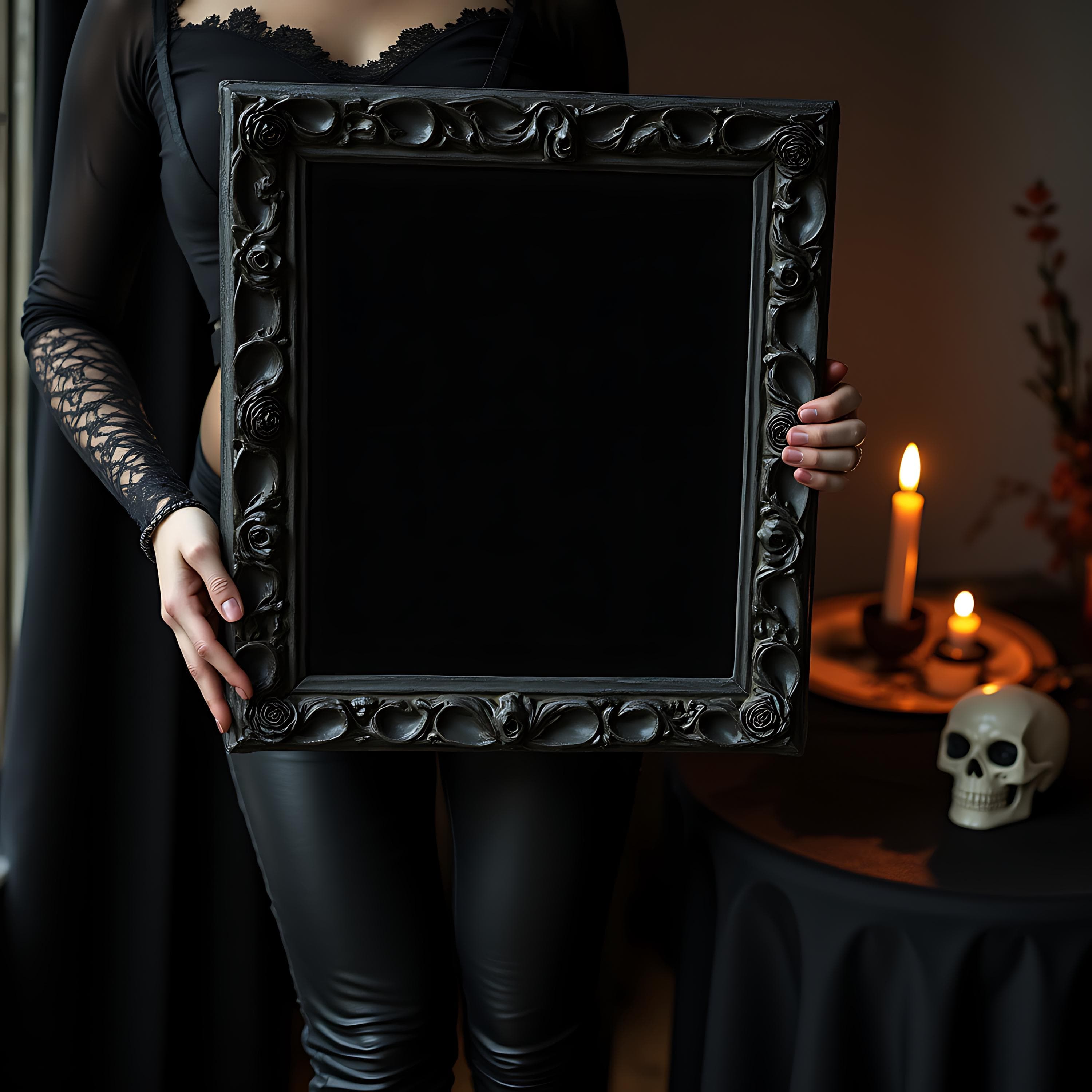 Wearing Dark Leather Woman Holding Gothic Frame Mockup | Digital Frame | Poster Mockup | Photoshop Frame | Gothic Frame | Frame Mockup PSD - view 2