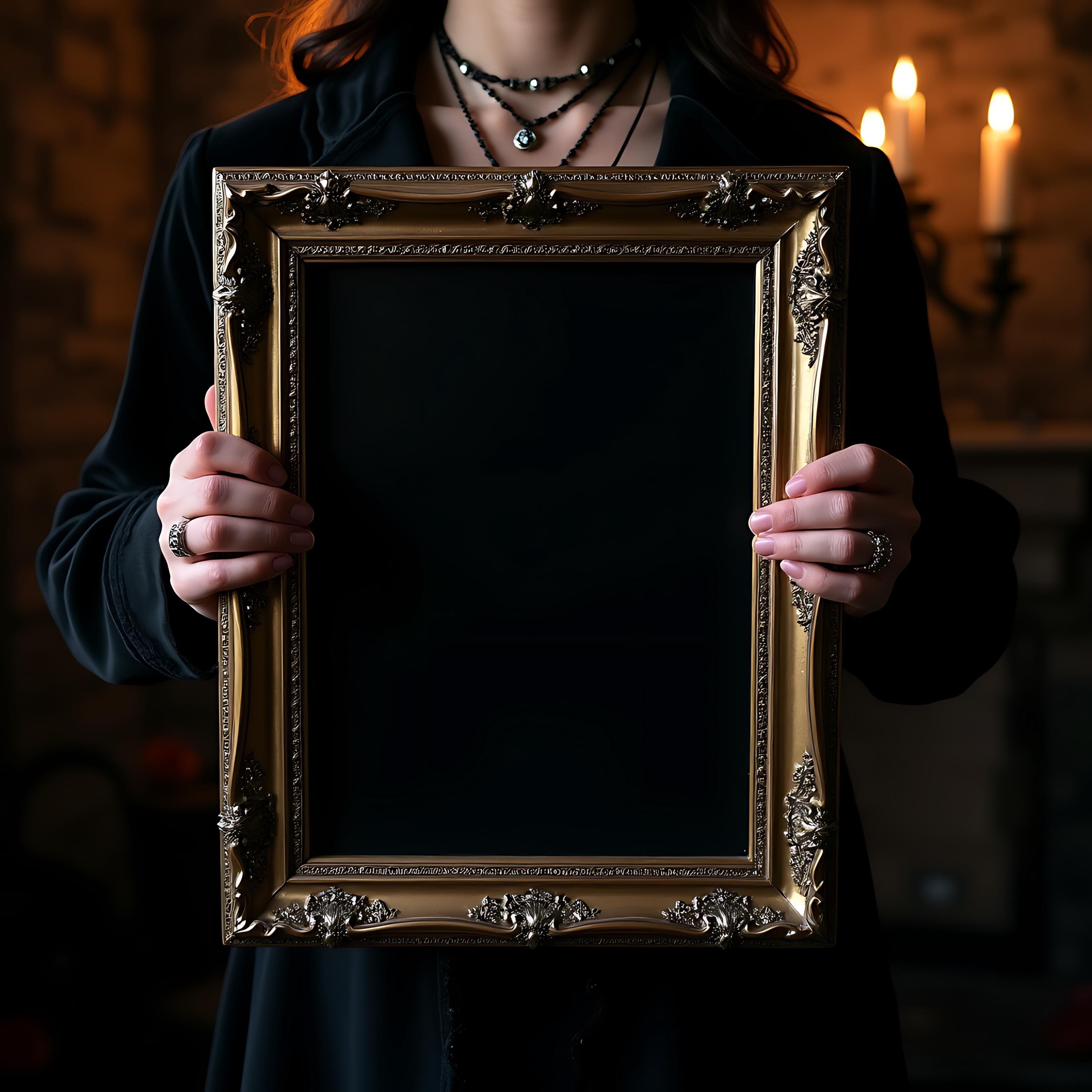 Gothic Dark Style Room Frame Mockup | Art Display Mockup | Poster with Person | Print Poster Mockup | Dark Gothic Frame Hands Holding Frame - view 2