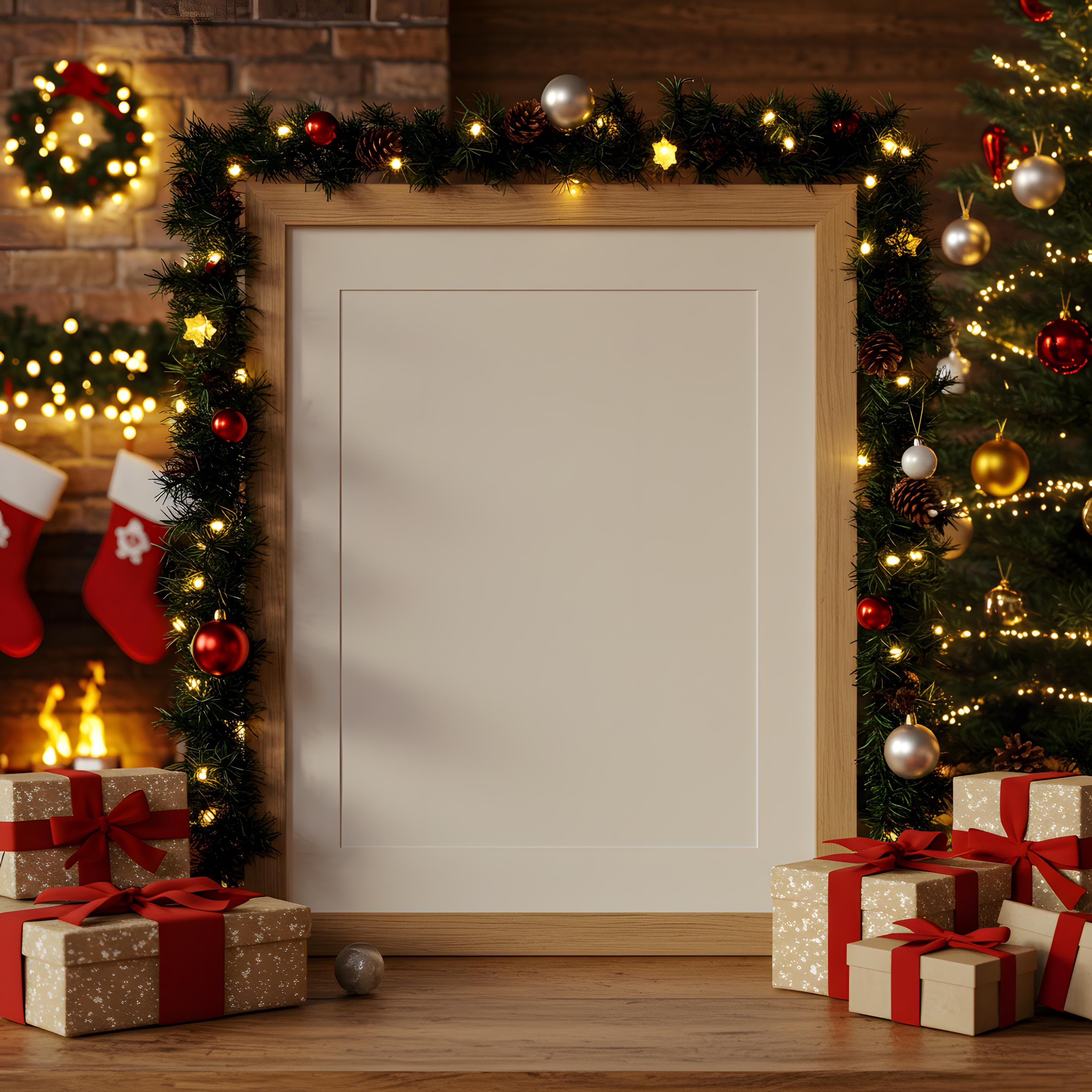 Christmas Frame Mockup | Holiday Wall Art Display | Festive Poster Mockup PSD | Digital Xmas Frame Mockup | Winter Art Mockup | Smart Object