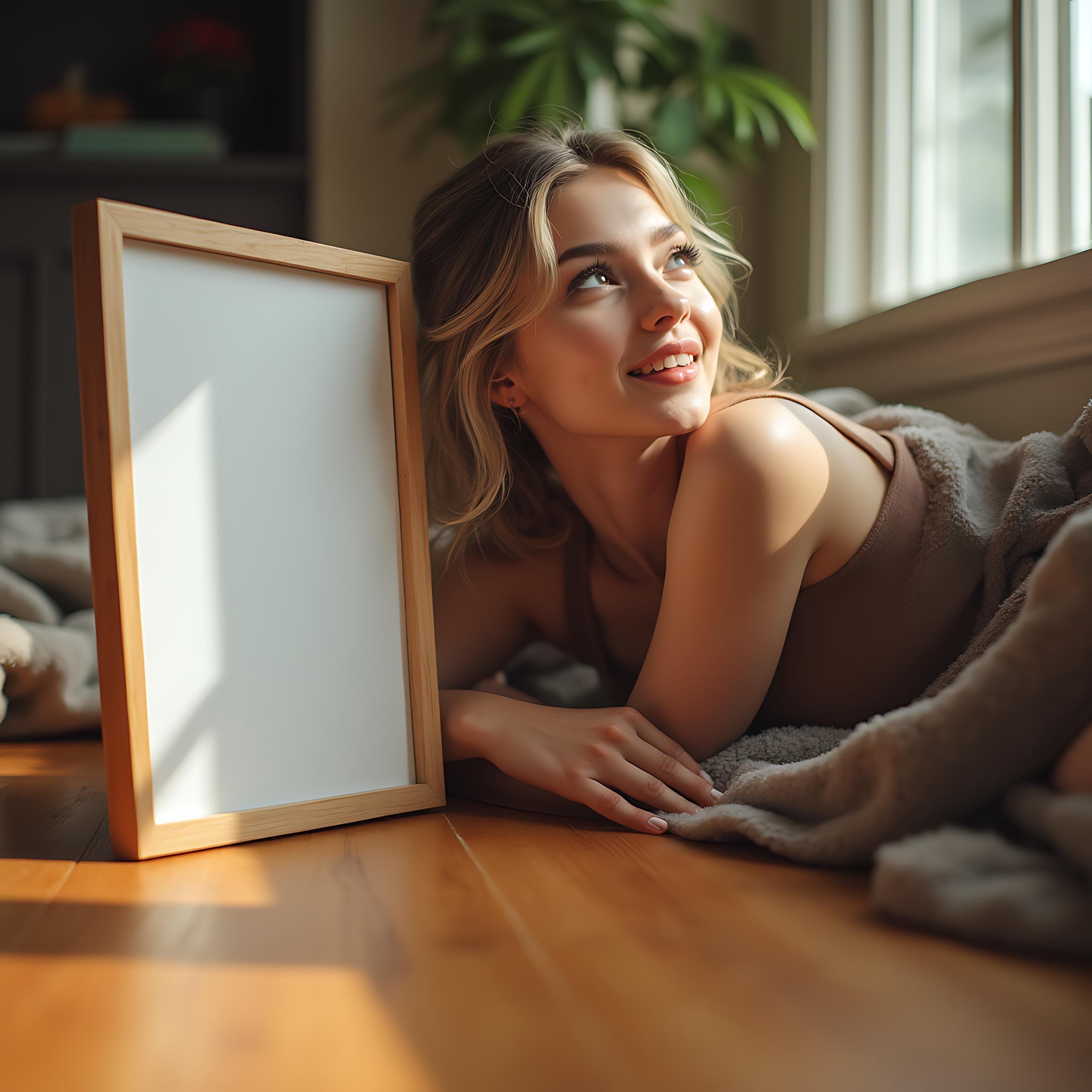 Frame Mockup with a Person | Person with a Frame | Poster with Person | Thin Wood Frame | Frame Mockup | Person Holding Frame | Frame Mockup