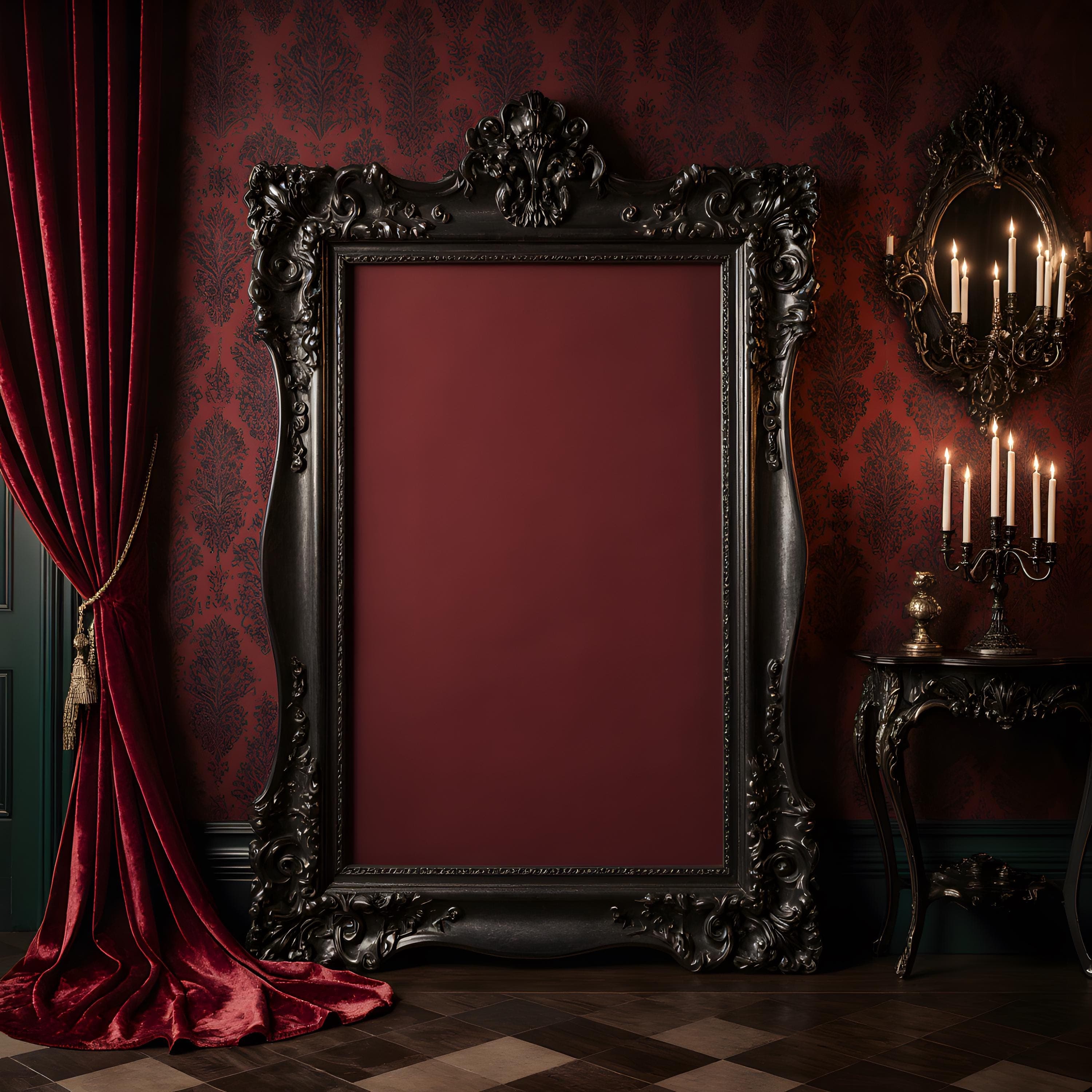 Baroque Gothic Frame Mockup | Ornate Silver Frame PSD | Dark Green Damask Interior | Vampire Velvet Scene | Vintage Art PSD | Frame Mockup |