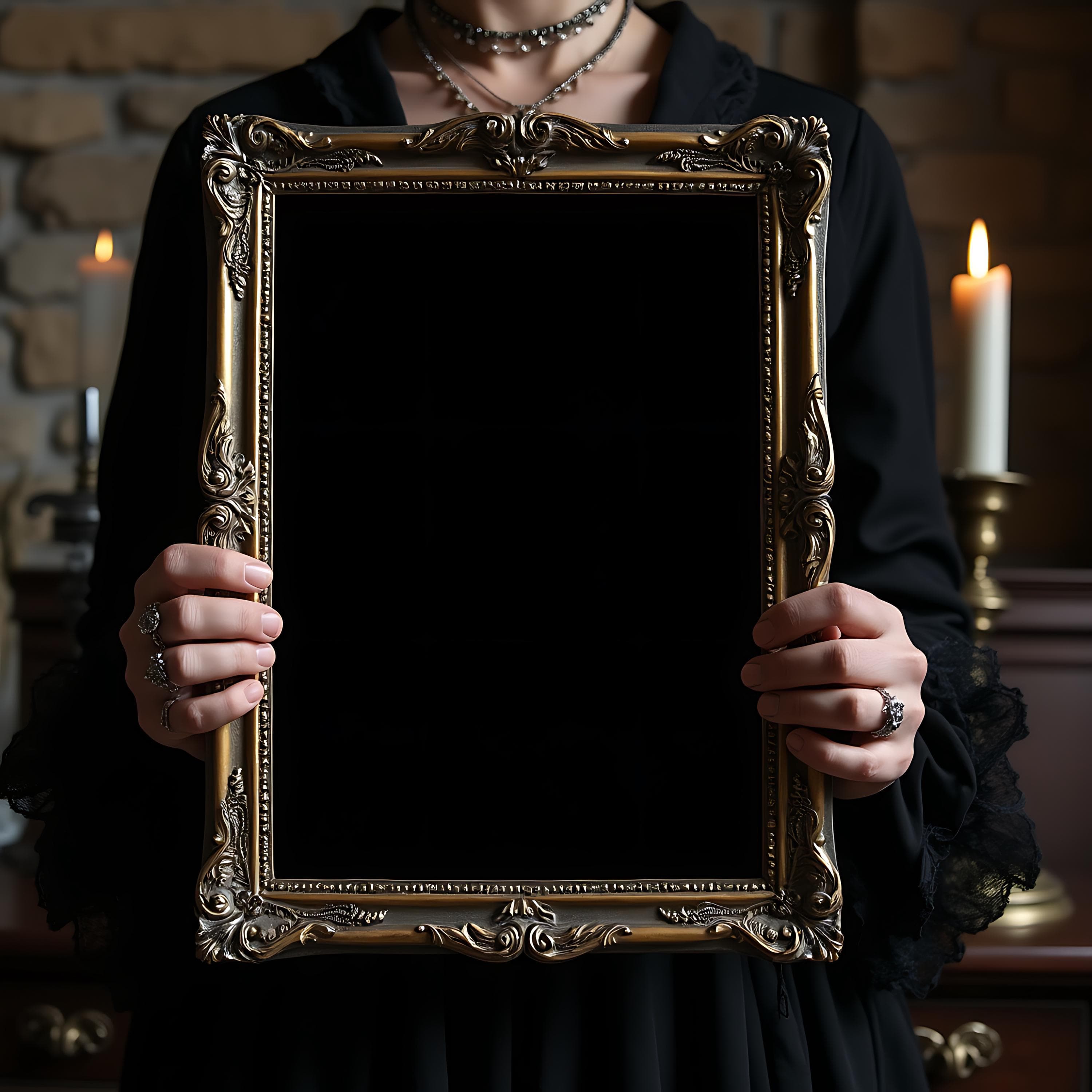 Gothic Dark Style Room Frame Mockup | Art Display Mockup | Poster with Person | Print Poster Mockup | Dark Gothic Frame Hands Holding Frame