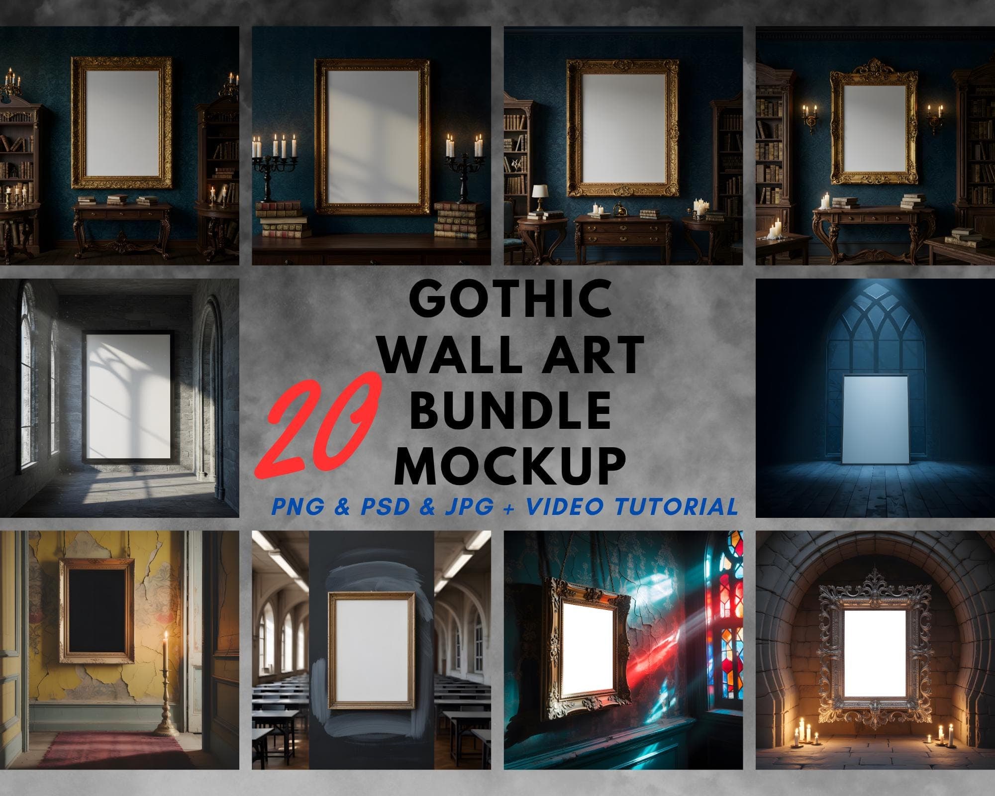 Gothic Wall Art Mockup Bundle | 20 Dark Elegant Frame Mockup | PSD JPG PNG | Black Baroque Victorian Interior Scene | Frame Mockup Bundle |