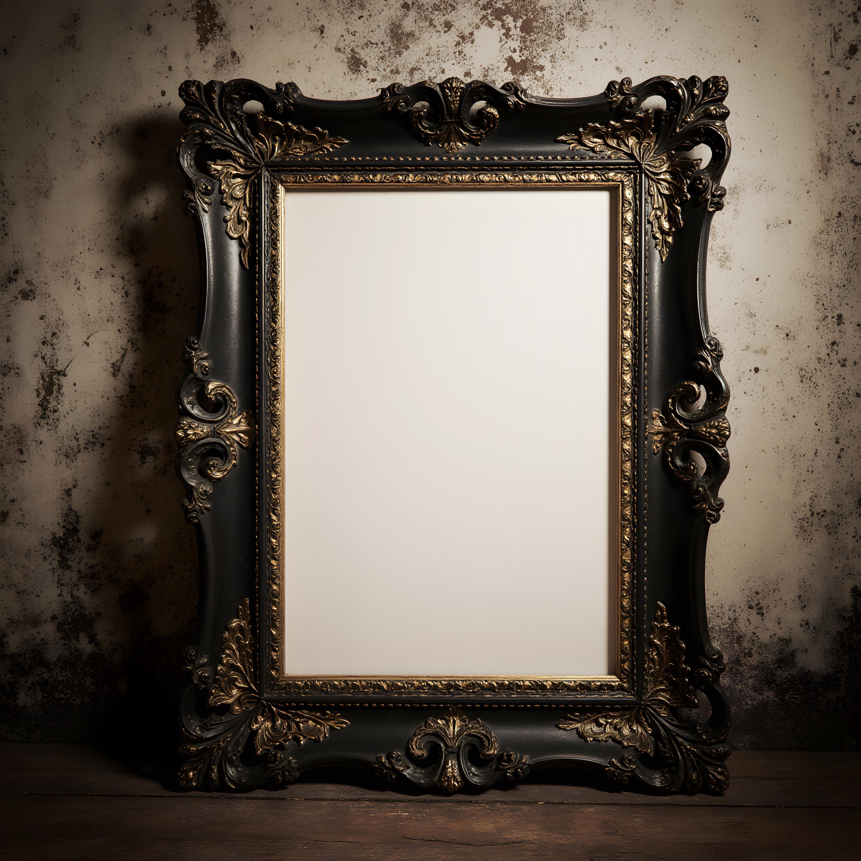 Dark Antique Ornate Frame Mockup | Gothic Victorian Baroque Wall Art Digital PSD PNG JPG | Vintage Black Classic Frame Display | Psd Mockup