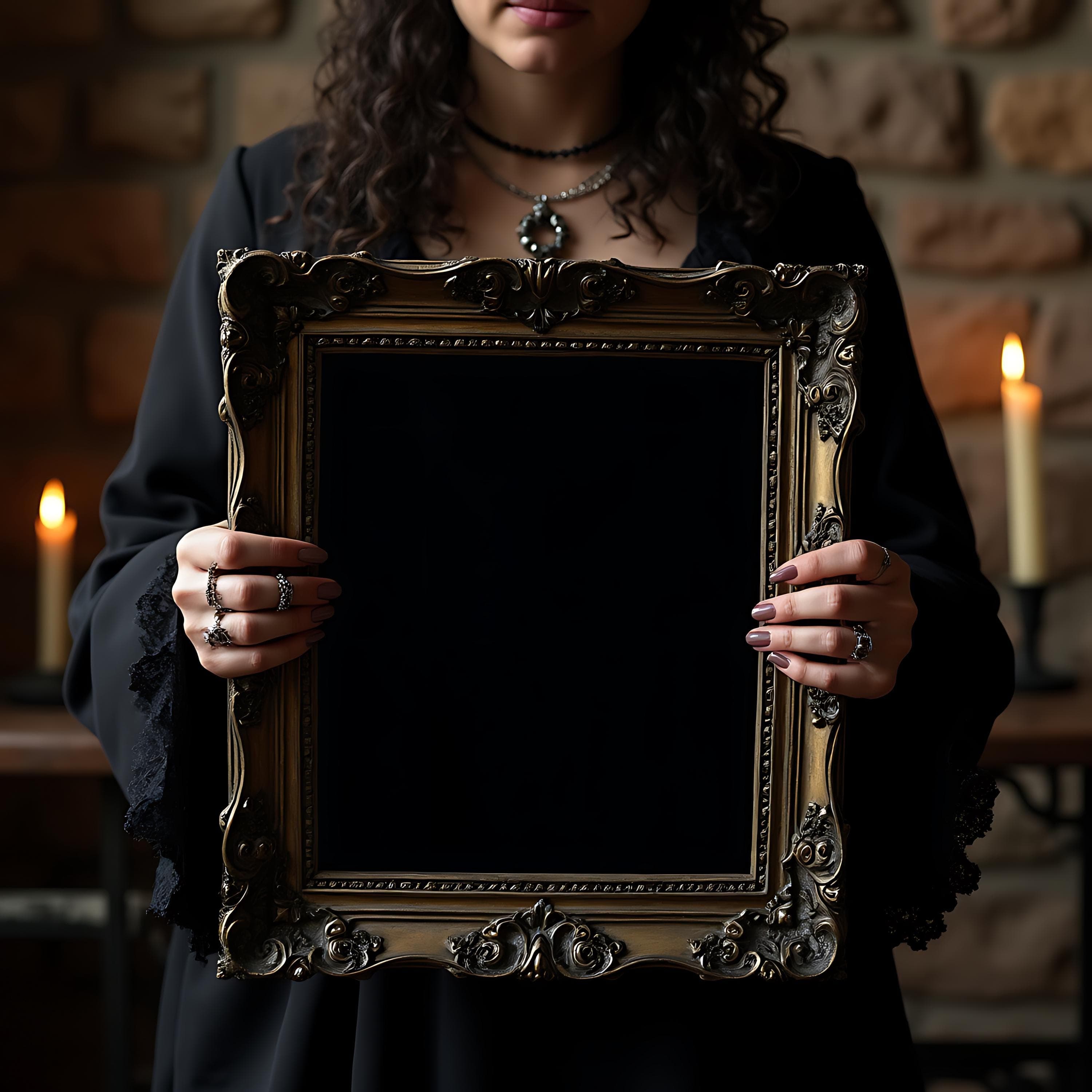 Gothic Dark Style Room Frame Mockup | Art Display Mockup | Poster with Person | Print Poster Mockup | Dark Gothic Frame Hands Holding Frame