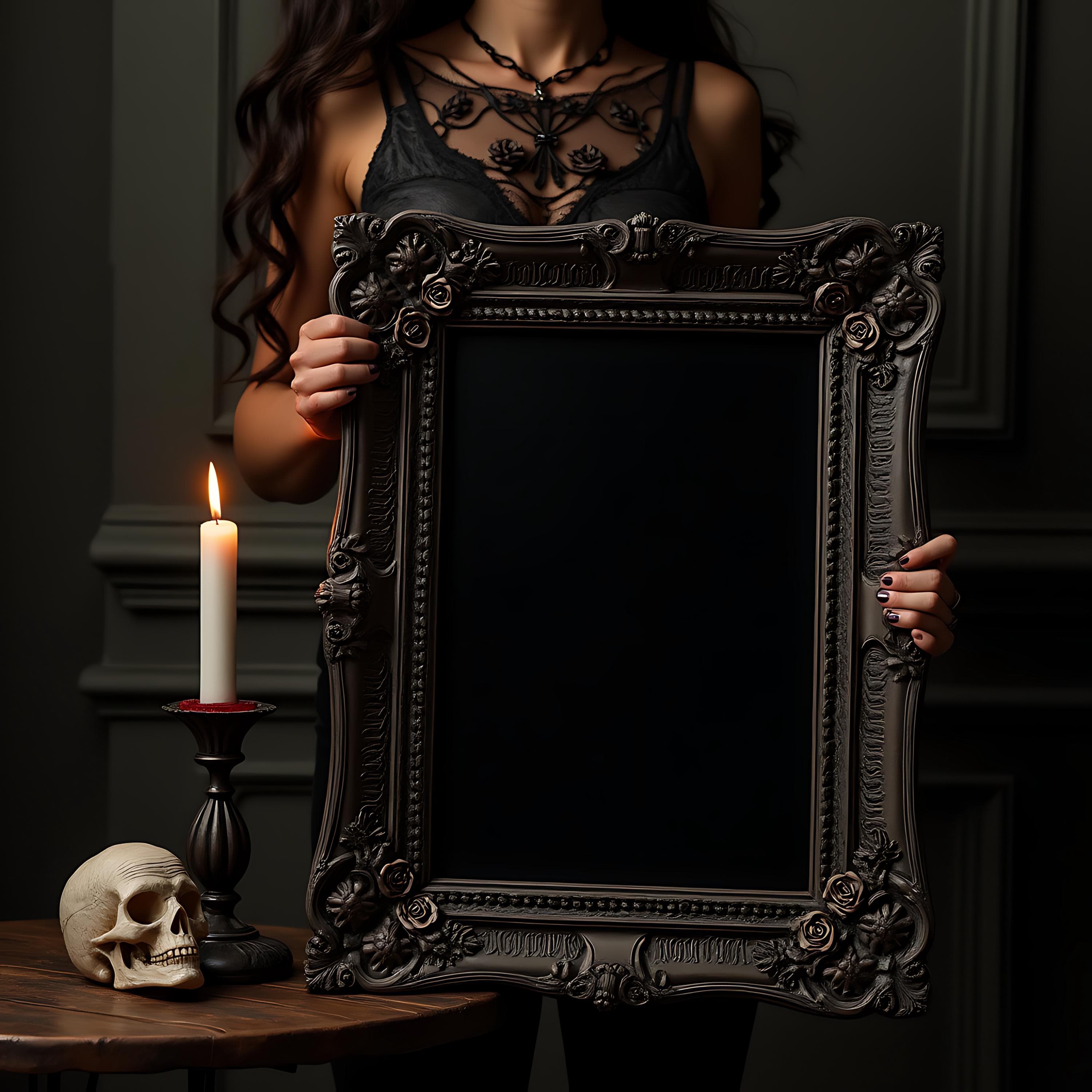 Wearing Dark Leather Woman Holding Gothic Frame Mockup | Digital Frame | Poster Mockup | Photoshop Frame | Gothic Frame | Frame Mockup PSD