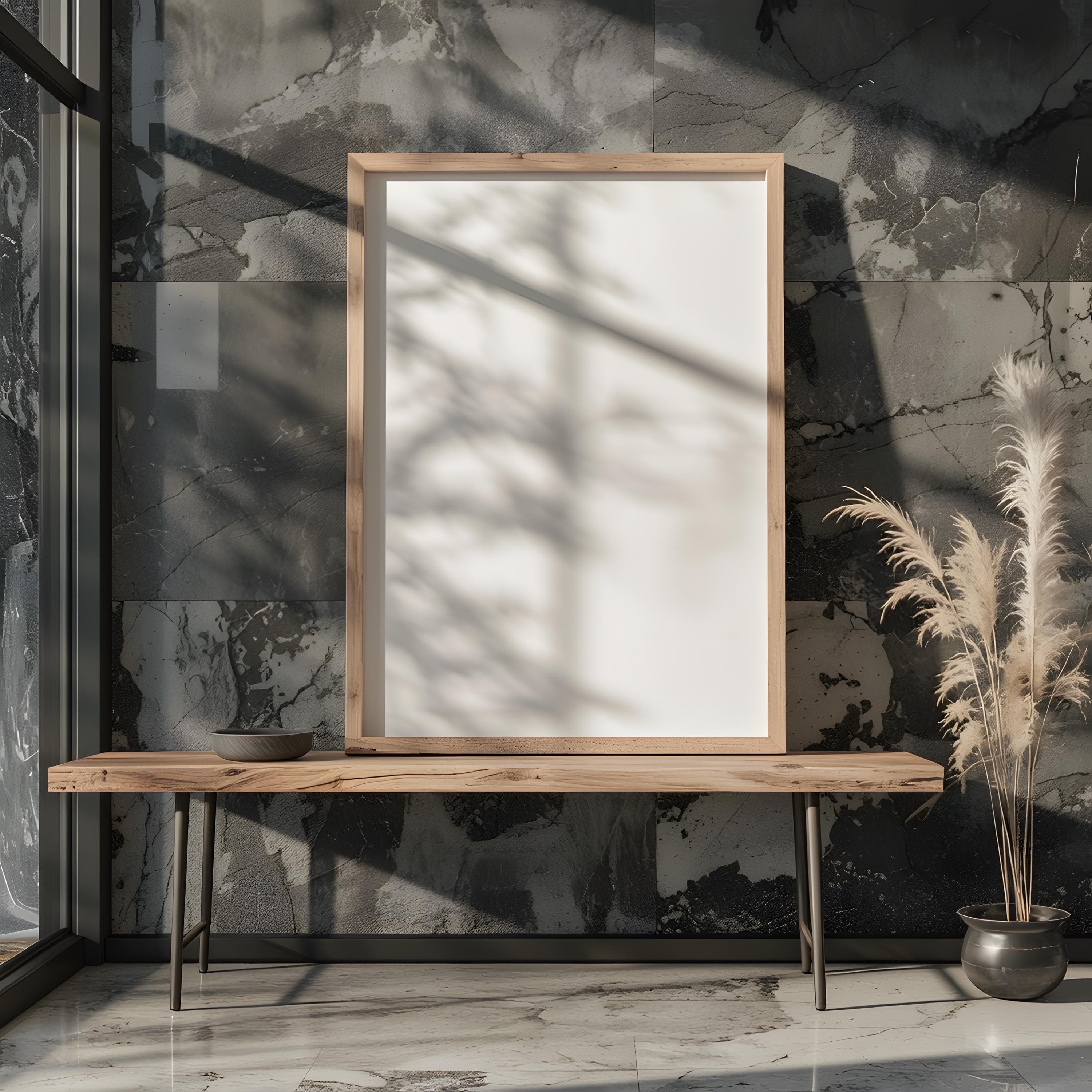 Wooden Poster Frame Mockup | Natural Wood Frame PSD | Minimalist Wall Art Mockup | Vertical Poster Frame | Digital Frame Download