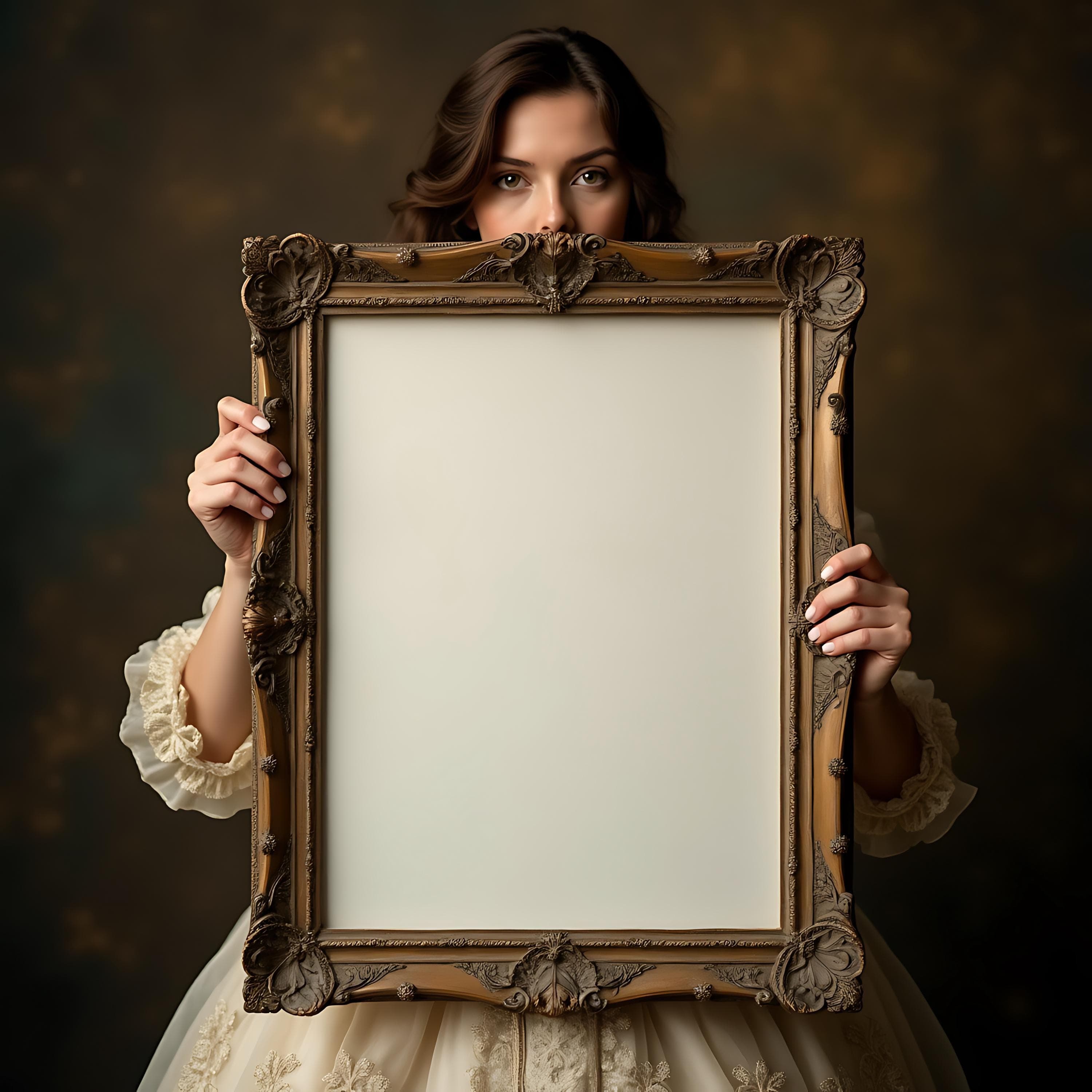 Woman Holding Vintage Frame Mockup | Mockup Frame Person | Artwork Frame Mockup | Artwork Mockup PSD | Vintage Frame Mockup | Poster Mockup - view 2
