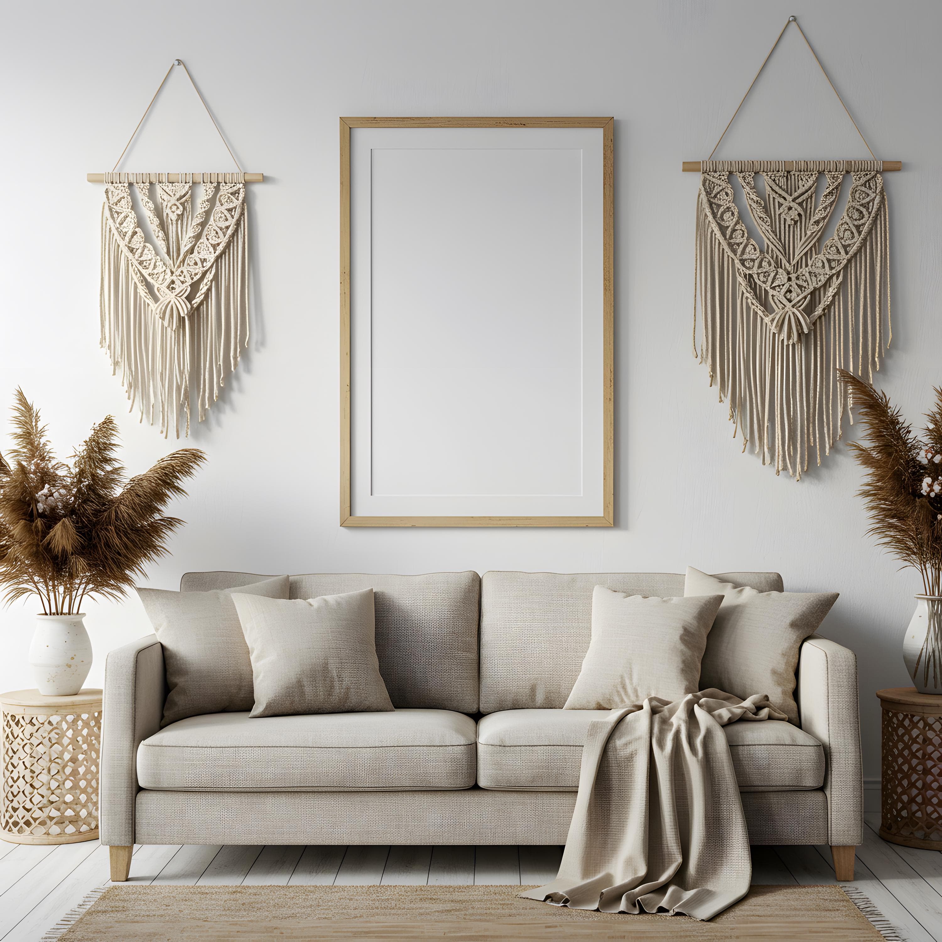 Bohemian Interior Large Wooden Frame Mockup | Boho Wall Art Display | Rustic Vertical Poster Frame | Minimalist Frame Mockup | Poster Mockup